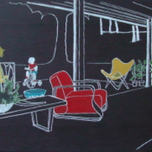1947-48, Case Study Houses nº 20. Casa Bailey. Canvas, 41 x 33 cm. Alvar Aalto Chair. Canvas 41x24 cm